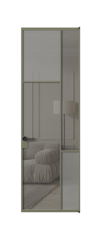 Межкомнатная дверь Mosaic АЛПЛ041.10 Алюминий оливковый тёмный Сатинированное серое стекло, триплекс, 6 мм + Прозрачное серое стекло, триплекс, 6 мм Цена 25937720 so'm | Volhovec