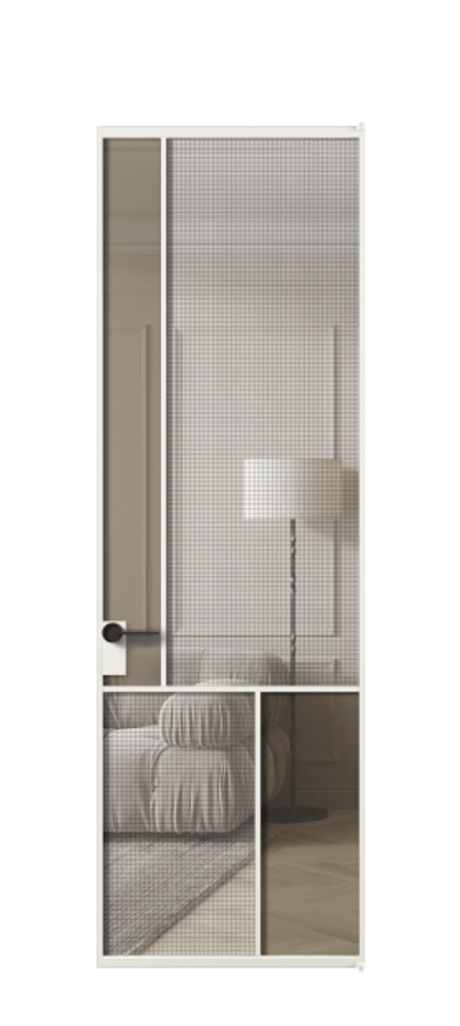 Межкомнатная дверь Mosaic АЛПЛ041.20 Алюминий светло-серый Декоративное стекло с сеткой "Mesh silver", триплекс, 6 мм + Прозрачное бронзовое стекло, триплекс, 6 мм Цена 19520480 so'm | Volhovec