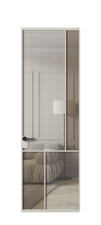 Межкомнатная дверь Mosaic АЛПЛ041.21 Алюминий тёплый серый Декоративное стекло с сеткой "Mesh silver", триплекс, 6 мм + Прозрачное бронзовое стекло, триплекс, 6 мм Цена 19520480 so'm | Volhovec