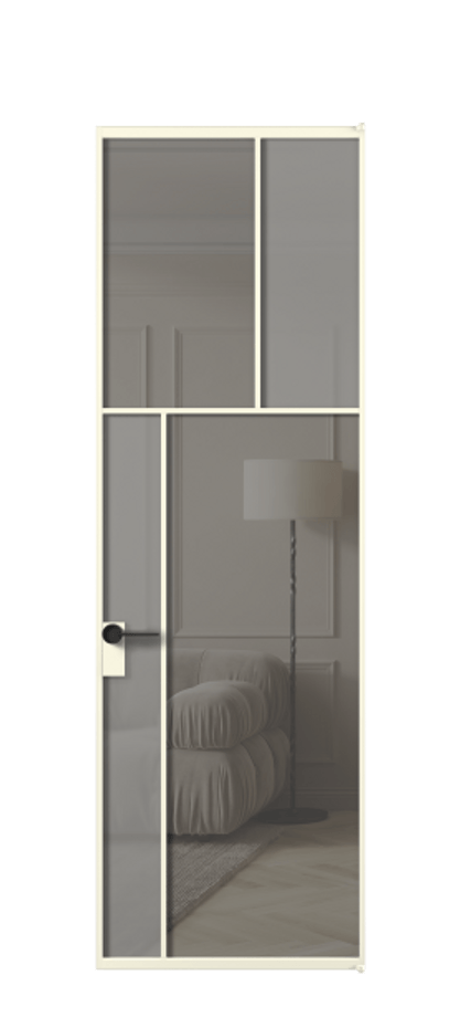 Межкомнатная дверь Mosaic АЛПЛ041.22 Алюминий молочно-белый Сатинированное серое стекло, триплекс, 6 мм + Прозрачное серое стекло, триплекс, 6 мм Цена 25937720 so'm | Volhovec