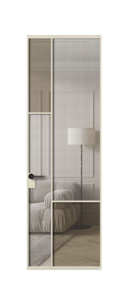 Межкомнатная дверь Mosaic АЛПЛ041.13 Алюминий бежево-серый Декоративное стекло с сеткой "Mesh silver", триплекс, 6 мм + Прозрачное бронзовое стекло, триплекс, 6 мм Цена 19520480 so'm | Volhovec