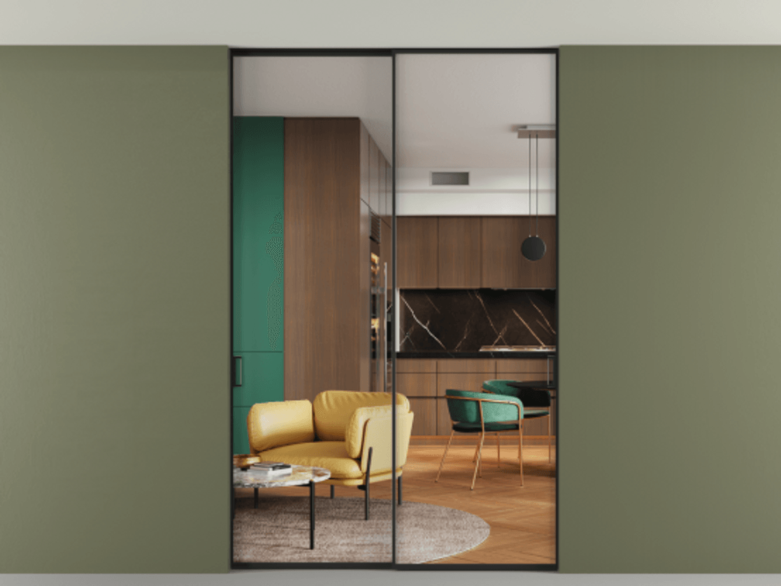 Перегородка Formato внутри проёма скрытое крепление в потолок 2 створки АЛПР 040.01 Алюминий Черный Прозрачное стекло "Crystal Vision", калёное Цена 286160 ₽ | Volhovec