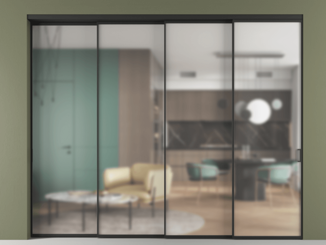 Перегородка Formato внутри проёма 4 створки с синхронным механизмом АЛПР 040.01 Алюминий Черный Сатинированное стекло "Matelux Crystal Vision", калёное, матовое, каленое 6 мм Цена 510500 ₽ | Volhovec