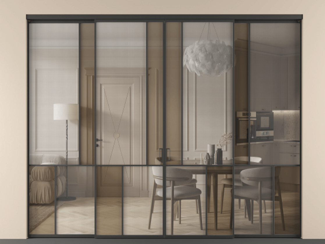 Перегородка Mosaic внутри проёма 4 створки АЛПР 041.20 Алюминий Черный Декоративное стекло с сеткой "Mesh silver", триплекс, 6 мм + Прозрачное бронзовое стекло, триплекс Цена 465960 ₽ | Volhovec