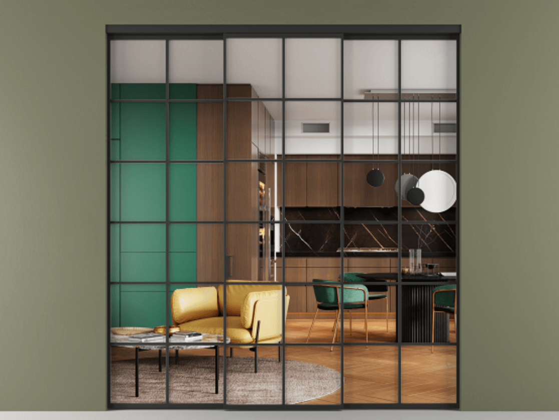 Перегородка Формато внутри проёма 3 створки АЛПР 040.05 Алюминий Черный Прозрачное стекло "Кристал Вижн", калёное Цена 327800 ₽ | Volhovec