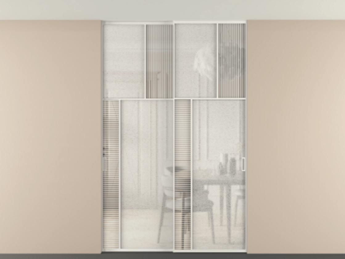 Перегородка Mosaic внутри проёма двустворчатая со скрытым креплением в потолок АЛПР 041.22 Алюминий Белый Рифлёное стекло "Дюна", триплекс, 6 мм + Фактурное стекло "Лёд", триплекс Цена 313020 ₽ | Volhovec