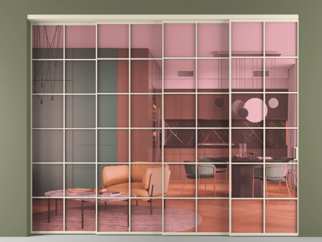 Перегородка Formato внутри проёма 4 створки с синхронным механизмом АЛПР 040.05 Алюминий бежево-серый Прозрачное розовое стекло, триплекс Цена 488680 ₽ | Volhovec