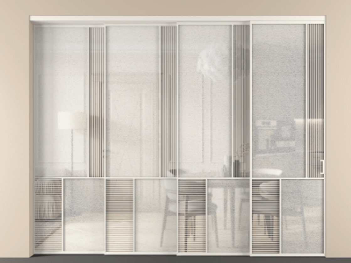 Перегородка Мозаик внутри проёма 4 створки с синхронным механизмом АЛПР 041.21 Алюминий Белый Рифлёное стекло "Дюна", триплекс, 6 мм + Фактурное стекло "Лёд", триплекс. Скрытый короб БЕЛ Цена 592060 ₽ . Фабрика дверей Волховец 8 (800) 551 43 19 Перегородка Мозаик внутри проёма 4 створки с синхронным механизмом АЛПР 041.21 Алюминий Белый Рифлёное стекло "Дюна", триплекс, 6 мм + Фактурное стекло "Лёд", триплекс Цена 592060 ₽ | Volhovec
