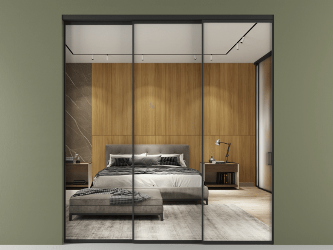 Перегородка Формато внутри проёма 3 створки с синхронным механизмом АЛПР 040.01 Алюминий Черный Двустороннее зеркало, триплекс , триплекс 6 мм Цена 306175 ₽  | Volhovec