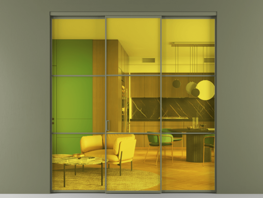 Перегородка Formato внутри проёма 3 створки АЛПР 040.03 Алюминий оливковый тёмный Прозрачное жёлтое стекло, триплекс Цена 248540 ₽ | Volhovec