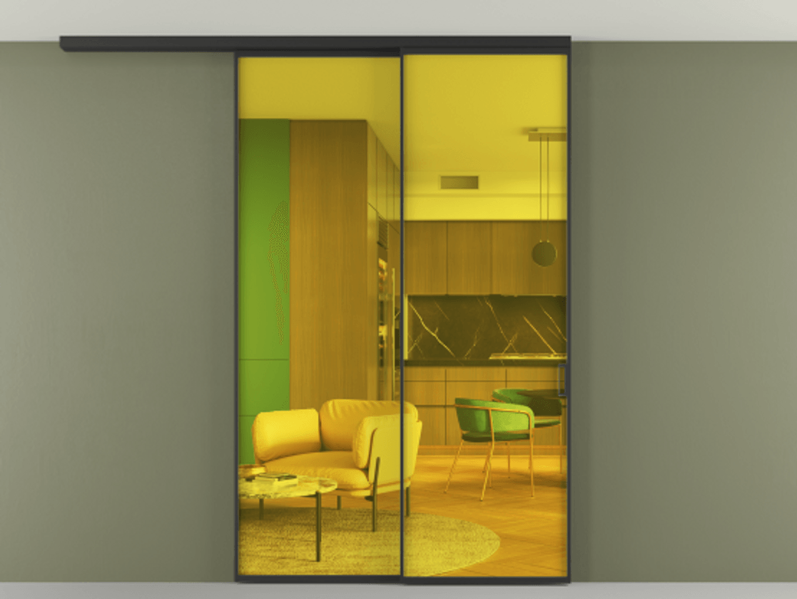 Перегородка Formato вдоль стены на потолок телескопик синхро 2 АЛПР 040.01 Алюминий Черный Прозрачное жёлтое стекло, триплекс Цена 255488 ₽ | Volhovec