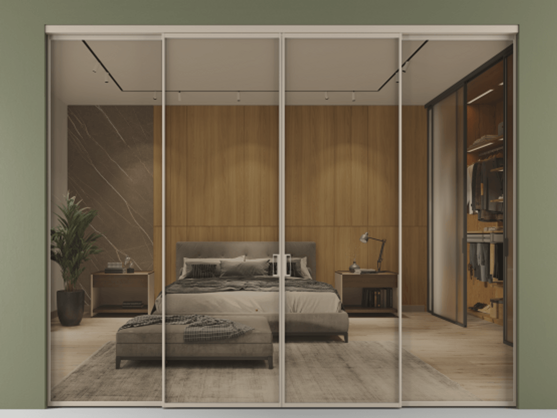 Перегородка Формато внутри проёма 4 створки АЛПР 040.01 Алюминий бисквитный Рефлективное бронзовое стекло "Стопсол", калёное Цена 407600 ₽  | Volhovec