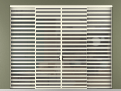 Алюминевая перегородка АЛПР 040.07_АМБ_Серый сатин триплекс_new. Цвет Алюминий молочно-белый. Материал Алюминий в эмали. Коллекция Перегородка Formato внутри проёма четырёхстворчатая. Картинка.