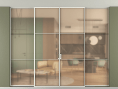 Алюминевая перегородка АЛПР 040.03_АСР_САТ ОРАНЖ_new. Цвет Алюминий серый. Материал Алюминий в эмали. Коллекция Перегородка Formato внутри проёма четырёхстворчатая со скрытым креплением в потолок. Картинка.