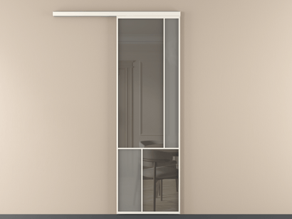 Алюминевая перегородка vd1_1 Алюминий пудровый белый Серый сатин матовое + Серый прозрачное. Цвет Алюминий пудровый белый. Материал Алюминий в эмали. Коллекция New Перегородка Mosaic вдоль стены одностворчатая. Картинка.