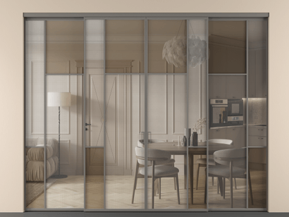 Алюминевая перегородка vnt4_5_АКЛС_MS+Бронза триплекс_new. Цвет Алюминий классический серый. Материал Алюминий в эмали. Коллекция Перегородка Mosaic внутри проёма четырёхстворчатая. Картинка.