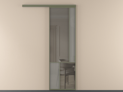 Алюминевая перегородка vd1_1_АОТ_Серый сатин триплекс+Серый триплекс_new. Цвет Алюминий оливковый тёмный. Материал Алюминий в эмали. Коллекция Перегородка Mosaic вдоль стены одностворчатая. Картинка.