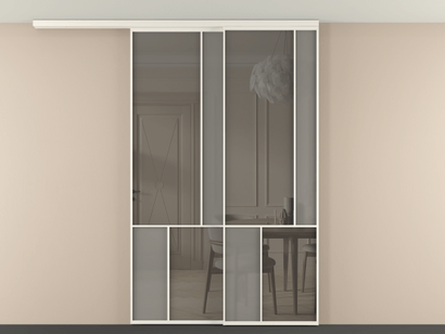 Алюминевая перегородка vdt2_1 Алюминий пудровый белый Серый сатин матовое + Серый прозрачное. Цвет Алюминий пудровый белый. Материал Алюминий в эмали. Коллекция New Перегородка Mosaic вдоль стены на потолок телескопик синхро 2. Картинка.