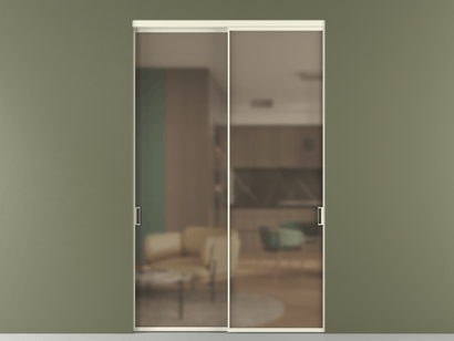 Алюминевая перегородка АЛПР 040.01_АМБ_Бронза сатин триплекс_new. Цвет Алюминий молочно-белый. Материал Алюминий в эмали. Коллекция Перегородка Formato внутри проёма двустворчатая. Картинка.