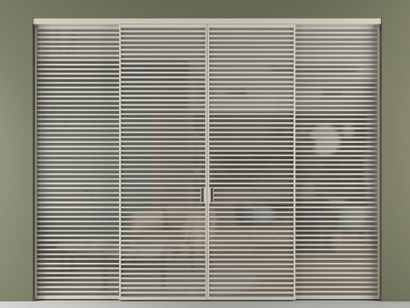 Алюминевая перегородка АЛПР 040.07_АСБЖ_Серый сатин триплекс_new. Цвет Алюминий светло-бежевый. Материал Алюминий в эмали. Коллекция Перегородка Formato внутри проёма четырёхстворчатая. Картинка.