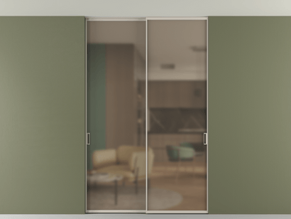 Алюминевая перегородка АЛПР 040.01_АСБЖ_Бронза сатин триплекс_new. Цвет Алюминий светло-бежевый. Материал Алюминий в эмали. Коллекция Перегородка Formato внутри проёма двустворчатая со скрытым креплением в потолок. Картинка.