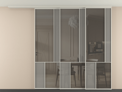 Алюминевая перегородка vdt3_1 Алюминий тёплый серый Серый сатин матовое + Серый прозрачное. Цвет Алюминий тёплый серый. Материал Алюминий в эмали. Коллекция New Перегородка Mosaic вдоль стены телескопик синхро 3. Картинка.