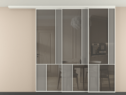 Алюминевая перегородка vdt3_1 Алюминий светло-серый Серый сатин матовое + Серый прозрачное. Цвет Алюминий светло-серый. Материал Алюминий в эмали. Коллекция New Перегородка Mosaic вдоль стены телескопик синхро 3. Картинка.