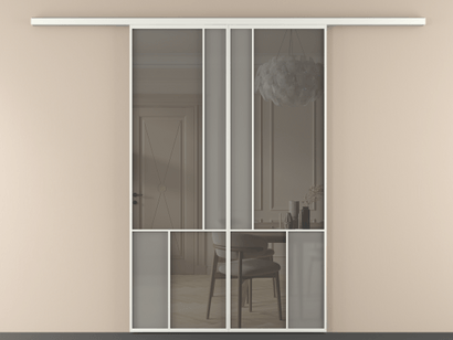 Алюминевая перегородка vd2_1 Алюминий светло-серый Серый сатин матовое + Серый прозрачное. Цвет Алюминий светло-серый. Материал Алюминий в эмали. Коллекция New Перегородка Mosaic вдоль стены двустворчатая. Картинка.