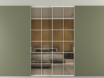 Алюминевая перегородка АЛПР 040.05_АЖМ_Stopsol Bronze_new. Цвет Алюминий жемчужный. Материал Алюминий в эмали. Коллекция Перегородка Formato внутри проёма двустворчатая со скрытым креплением в потолок. Картинка.