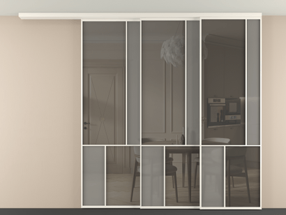 Алюминевая перегородка vdt3_1 Алюминий пудровый белый Серый сатин матовое + Серый прозрачное. Цвет Алюминий пудровый белый. Материал Алюминий в эмали. Коллекция New Перегородка Mosaic вдоль стены телескопик синхро 3. Картинка.