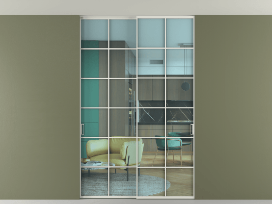 Алюминевая перегородка АЛПР 040.05_АСР_ПРОЗ ГОЛ_new. Цвет Алюминий серый. Материал Алюминий в эмали. Коллекция Перегородка Formato внутри проёма скрытое крепление в потолок 2 створки. Картинка.