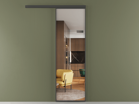 Алюминевая перегородка АЛПР 040.01 ГР Графитовый Crystalvision. Цвет . Материал Алюминий. Коллекция New Перегородка Formato вдоль стены 1 створка. Картинка.