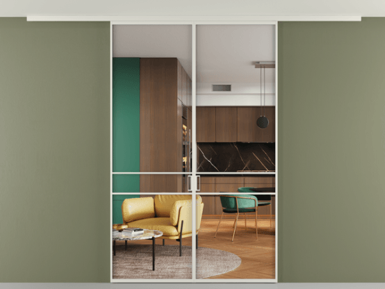 Алюминевая перегородка pv2_02 Crystal Vision прозрачное БЕЛ. Цвет Алюминий Белый. Материал Алюминий. Коллекция Перегородка Formato вдоль стены на потолок 2 створки. Картинка.