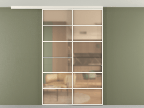 Алюминевая перегородка pv2_2_04_ Алюминий пудровый белый Сатинированное оранжевое стекло, триплекс, 6мм. Цвет Алюминий пудровый белый. Материал Алюминий в эмали. Коллекция Перегородка Формато вдоль стены на потолок 2 створки с синхронным механизмом. Картинка.