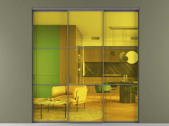 Алюминевая перегородка АЛПР 040.03_АКЛС_ПРОЗ ЖЕЛ_new. Цвет Алюминий классический серый. Материал Алюминий в эмали. Коллекция Перегородка Formato внутри проёма 3 створки. Картинка.