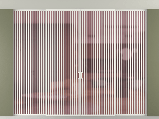 Алюминевая перегородка vn2+2_06 Алюминий светло-серый Сатинированное розовое стекло, триплекс, 6мм. Цвет Алюминий светло-серый. Материал Алюминий в эмали. Коллекция Перегородка Формато внутри проёма скрытое крепление в потолок 4 створки. Картинка.