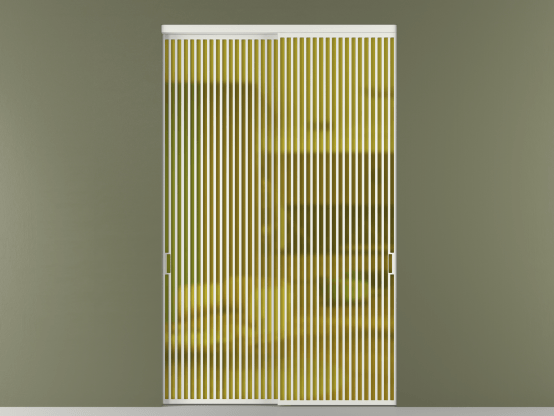 Алюминевая перегородка vn2_06_ Алюминий светло-серый Сатинированное жёлтое стекло, триплекс, 6мм. Цвет Алюминий светло-серый. Материал Алюминий в эмали. Коллекция Перегородка Formato внутри проёма 2 створки. Картинка.