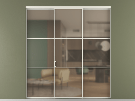 Алюминевая перегородка vn2_03 Бронза сатин триплекс БЕЛ. Цвет Алюминий Белый. Материал Алюминий. Коллекция Перегородка Formato внутри проёма 3 створки. Картинка.