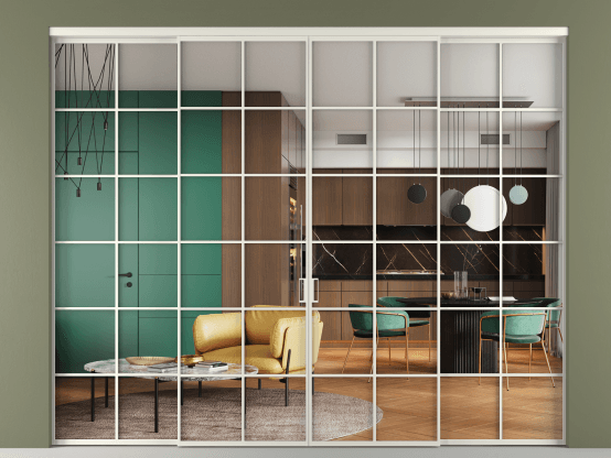 Алюминевая перегородка vn2+2_05 Crystalvision БЕЛ. Цвет Алюминий Белый. Материал Алюминий. Коллекция Перегородка Formato внутри проёма 4 створки. Картинка.