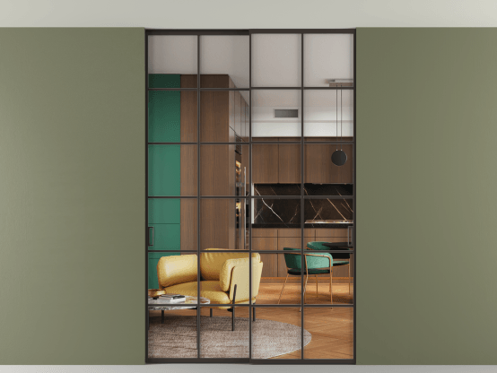 Алюминевая перегородка АЛПР 040.05_ААН_Crystalvision_new. Цвет Алюминий антрацит. Материал Алюминий в эмали. Коллекция Перегородка Formato внутри проёма скрытое крепление в потолок 2 створки. Картинка.