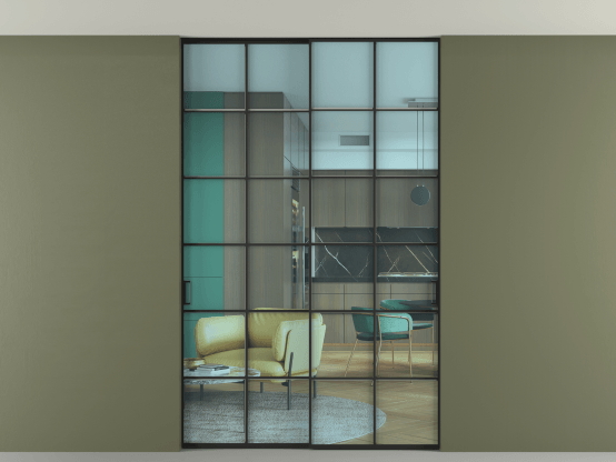 Алюминевая перегородка АЛПР 040.05_ЧРН_ПРОЗ ГОЛ_new. Цвет Алюминий Черный. Материал Алюминий. Коллекция Перегородка Formato внутри проёма скрытое крепление в потолок 2 створки. Картинка.