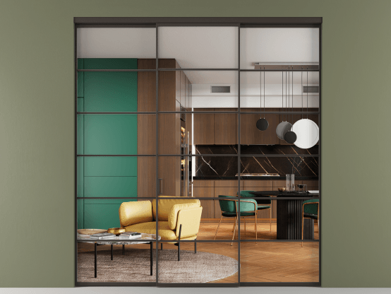 Алюминевая перегородка АЛПР 040.04_ААН_Crystalvision_new. Цвет Алюминий антрацит. Материал Алюминий в эмали. Коллекция Перегородка Formato внутри проёма 3 створки. Картинка.