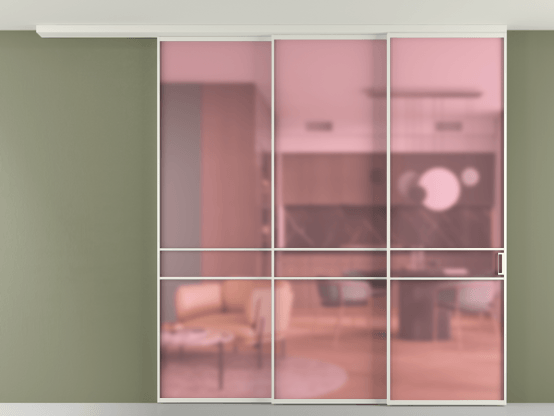 Алюминевая перегородка АЛПР 040.02_БЕЛ_САТ РОЗ_new. Цвет Алюминий Белый. Материал Алюминий. Коллекция Перегородка Formato вдоль стены на потолок 3 створки с синхронным механизмом. Картинка.