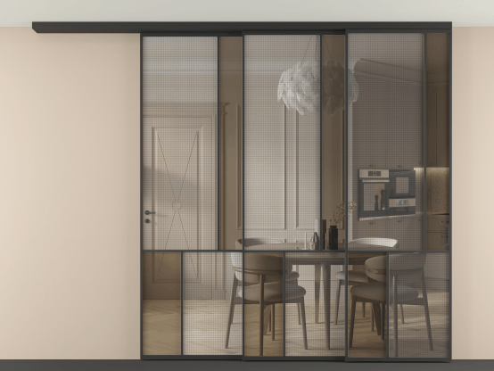 Алюминевая перегородка vdt3_1 ЧЕР. Цвет Алюминий Черный. Материал Алюминий. Коллекция Перегородка Mosaic вдоль стены на потолок 3 створки с синхронным механизмом. Картинка.