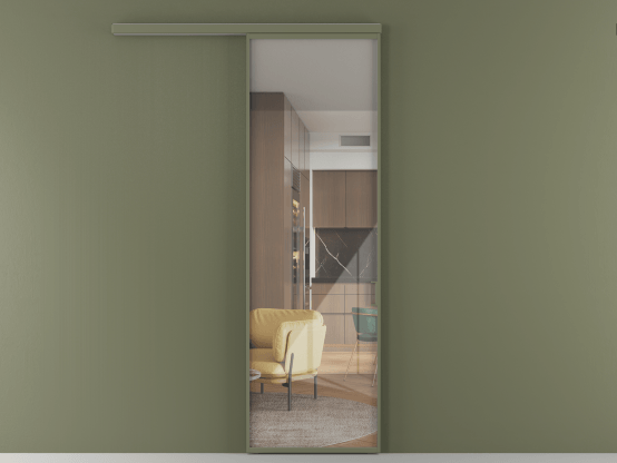 Алюминевая перегородка АЛПР 040.01 АОТ Алюминий оливковый тёмный Stopsol Clear прозрачное. Цвет Алюминий оливковый тёмный. Материал Алюминий в эмали. Коллекция Перегородка Formato вдоль стены 1 створка. Картинка.