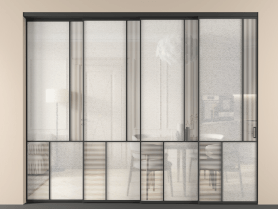 Алюминевая перегородка vntl4_1 ЧЕР. Цвет Алюминий Черный. Материал Алюминий. Коллекция Перегородка Мозаик внутри проёма 4 створки с синхронным механизмом. Картинка.