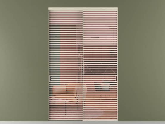 Алюминевая перегородка vn2_07_ Алюминий бежево-серый Прозрачное розовое стекло, триплекс, 6мм. Цвет Алюминий бежево-серый. Материал Алюминий в эмали. Коллекция Перегородка Formato внутри проёма 2 створки. Картинка.