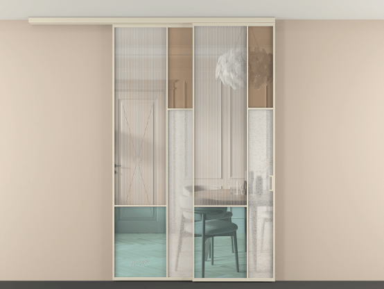 Алюминевая перегородка vdt2_8 Алюминий бежево-серый Четыре стекла. Цвет Алюминий бежево-серый. Материал Алюминий в эмали. Коллекция Перегородка Mosaic вдоль стены на потолок 2 створки с синхронным механизмом. Картинка.