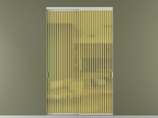 Алюминевая перегородка vn2_06_ Алюминий тёплый серый Сатинированное жёлтое стекло, триплекс, 6мм. Цвет Алюминий тёплый серый. Материал Алюминий в эмали. Коллекция Перегородка Formato внутри проёма 2 створки. Картинка.