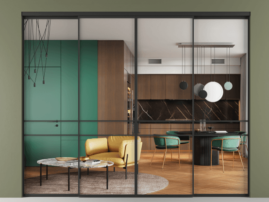 Алюминевая перегородка vn2+2_02 Crystalvision ЧЕР. Цвет Алюминий Черный. Материал Алюминий. Коллекция Перегородка Формато внутри проёма 4 створки. Картинка.